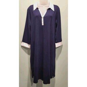 New Karen Scott Sport Navy And White Collared 1/4 Button 3/4 Sleeve Dress Sz L